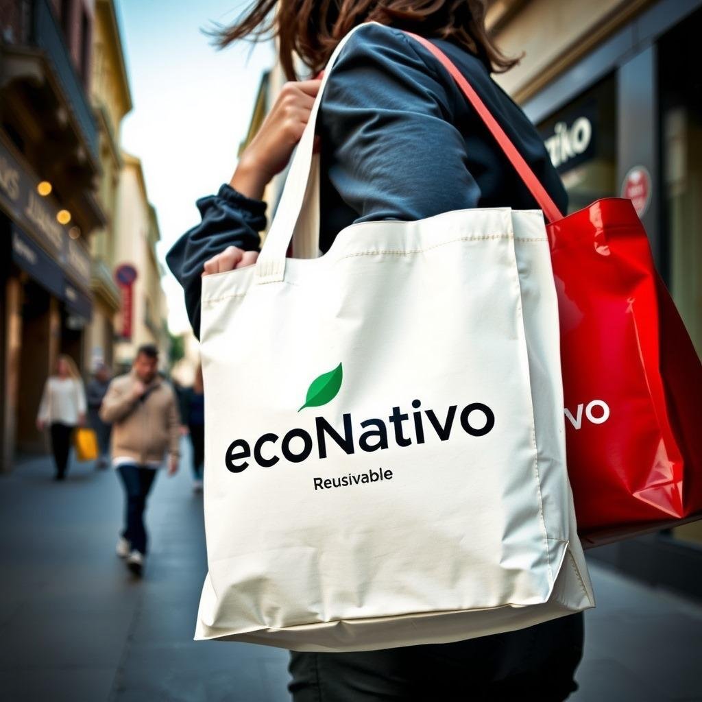 PERSONA CASUAL EN PEATONAL CAMINANDO CON 2 BOLSAS ECONATIVO EN EL HOMBRO