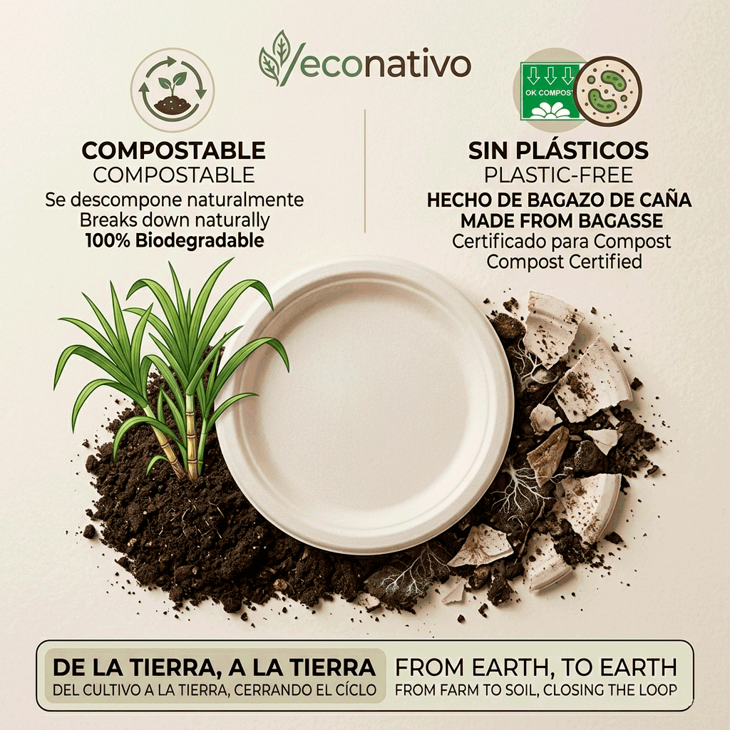 Platos 22,5 cm Desechables de Fibra de Caña de Azúcar - Pack 50 Unidades - Compostables, Resistentes y Ecológicos – Vajilla para Eventos, Catering y Uso Diario - Imagen 3