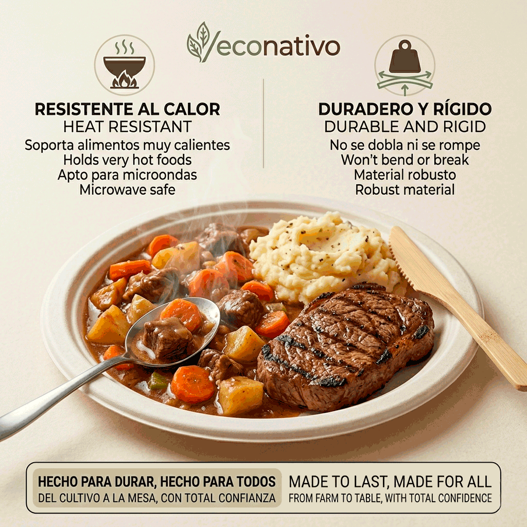 Platos 22,5 cm Desechables de Fibra de Caña de Azúcar - Pack 50 Unidades - Compostables, Resistentes y Ecológicos – Vajilla para Eventos, Catering y Uso Diario - Imagen 4