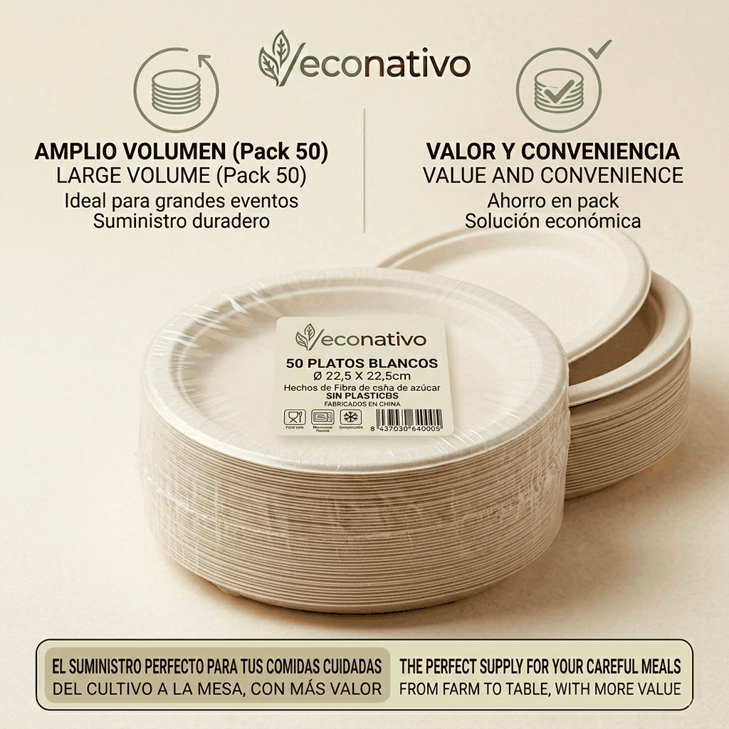 Platos 22,5 cm Desechables de Fibra de Caña de Azúcar - Pack 50 Unidades - Compostables, Resistentes y Ecológicos – Vajilla para Eventos, Catering y Uso Diario - Imagen 6