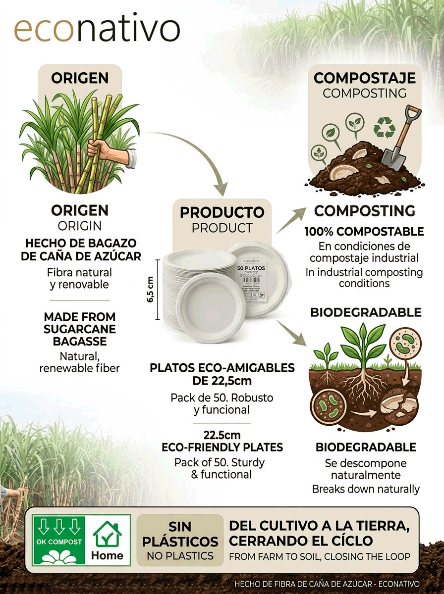Platos 22,5 cm Desechables de Fibra de Caña de Azúcar - Pack 50 Unidades - Compostables, Resistentes y Ecológicos – Vajilla para Eventos, Catering y Uso Diario - Imagen 8