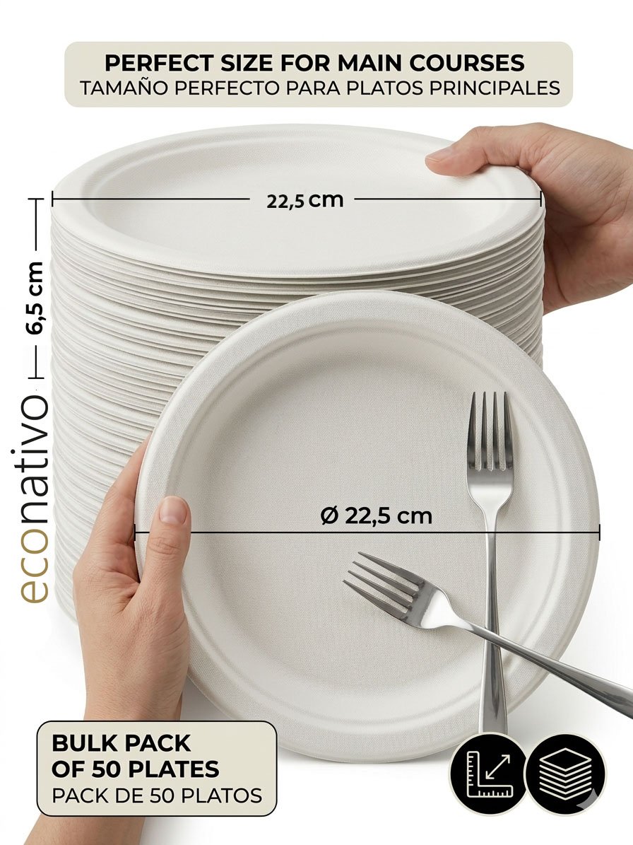 Platos 22,5 cm Desechables de Fibra de Caña de Azúcar - Pack 50 Unidades - Compostables, Resistentes y Ecológicos – Vajilla para Eventos, Catering y Uso Diario - Imagen 9