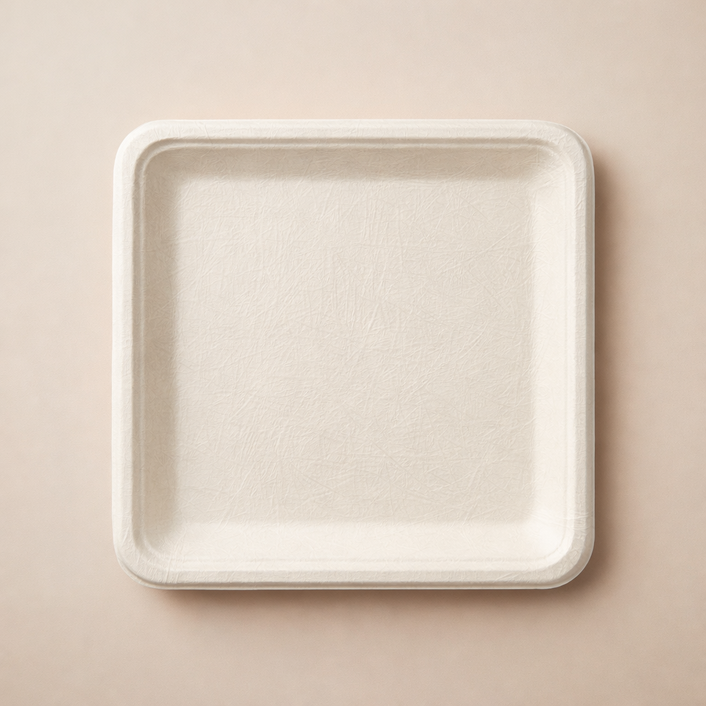 Plato Cuadrado 26x26 cm Fibra de Caña – Pack x 50 Unidades – Ecológico y Compostable