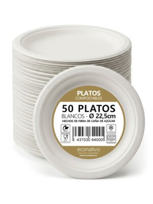 Platos 22,5 cm Desechables de Fibra de Caña de Azúcar - Pack 50 Unidades - Compostables, Resistentes y Ecológicos – Vajilla para Eventos, Catering y Uso Diario