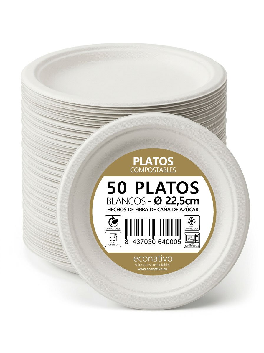 Platos 22,5 cm Desechables de Fibra de Caña de Azúcar - Pack 50 Unidades - Compostables, Resistentes y Ecológicos – Vajilla para Eventos, Catering y Uso Diario
