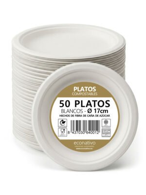 Platos 17 cm Desechables de Fibra de Caña de Azúcar – Pack 50 Unidades – Compostables, Resistentes y Ecológicos – Vajilla para Postres, Aperitivos y Uso Diario