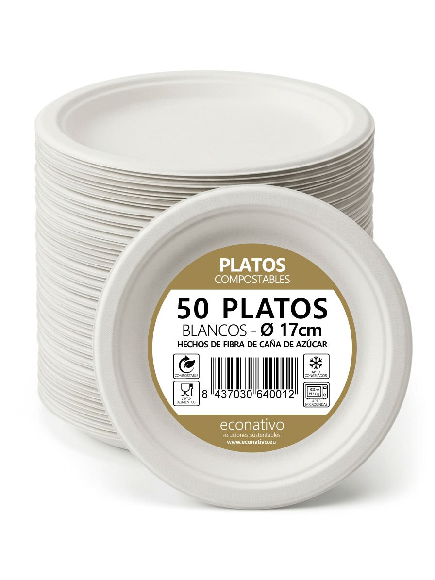 Platos 17 cm Desechables de Fibra de Caña de Azúcar – Pack 50 Unidades – Compostables, Resistentes y Ecológicos – Vajilla para Postres, Aperitivos y Uso Diario