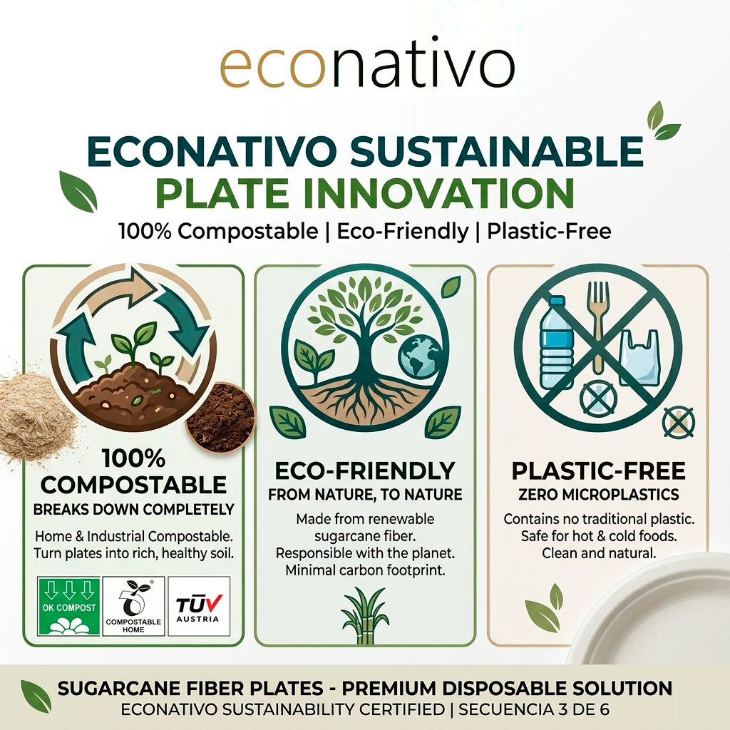 Platos 17 cm Desechables de Fibra de Caña de Azúcar – Pack 50 Unidades – Compostables, Resistentes y Ecológicos – Vajilla para Postres, Aperitivos y Uso Diario - Imagen 5