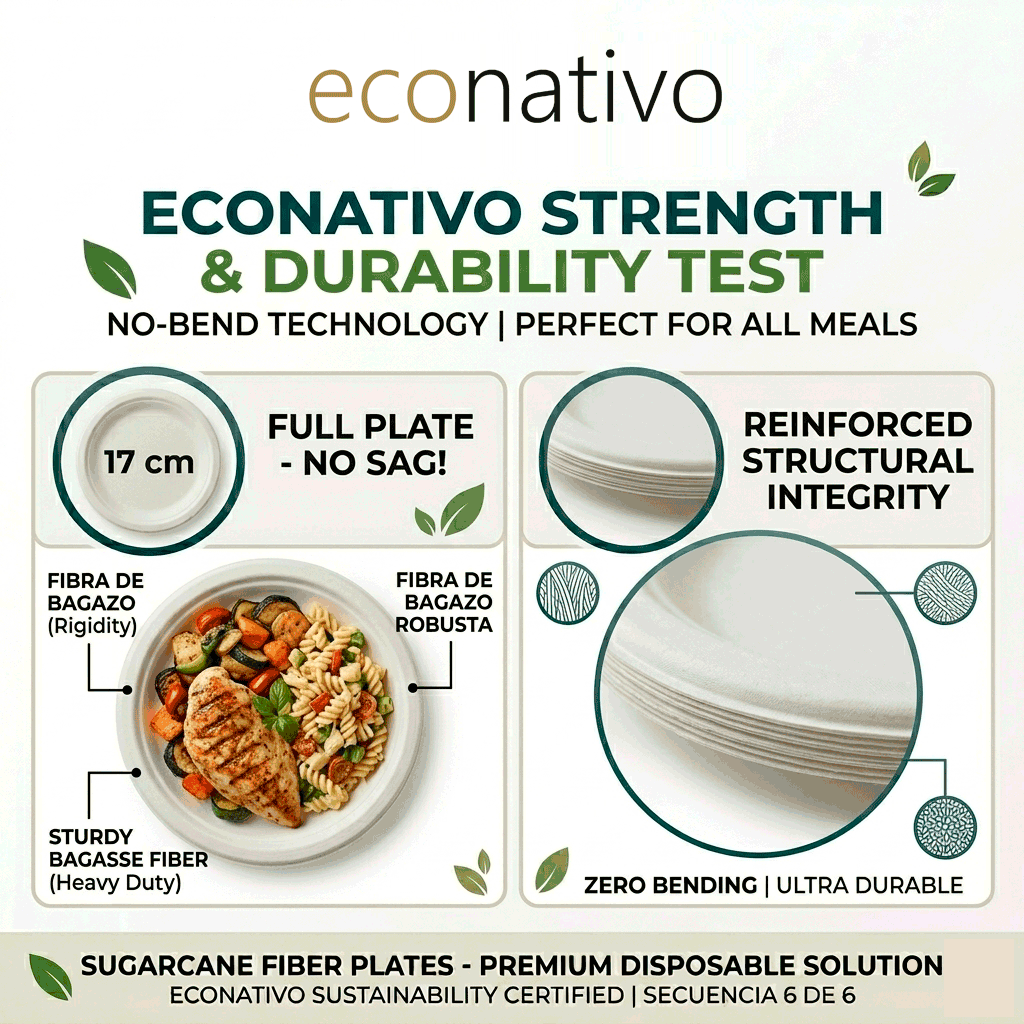 Platos 17 cm Desechables de Fibra de Caña de Azúcar – Pack 50 Unidades – Compostables, Resistentes y Ecológicos – Vajilla para Postres, Aperitivos y Uso Diario - Imagen 2