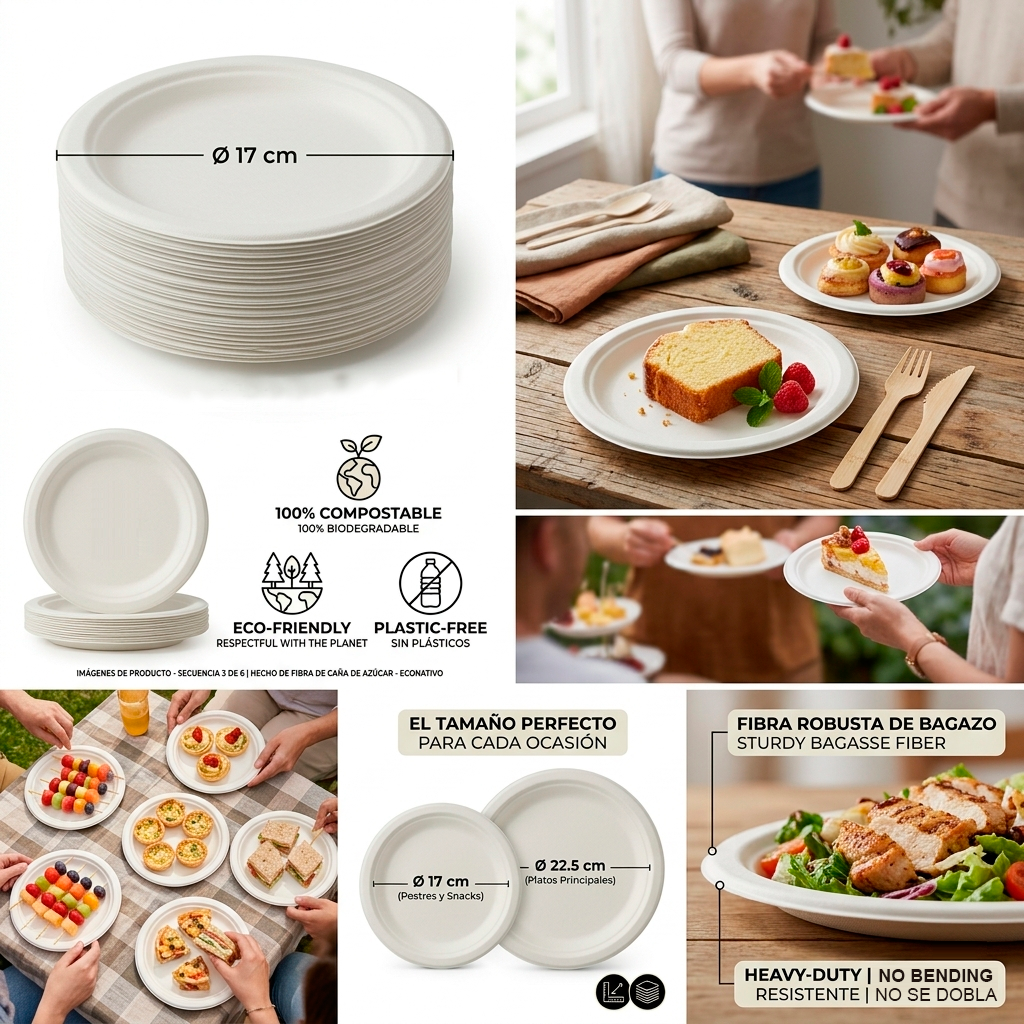 Platos 17 cm Desechables de Fibra de Caña de Azúcar – Pack 50 Unidades – Compostables, Resistentes y Ecológicos – Vajilla para Postres, Aperitivos y Uso Diario - Imagen 7